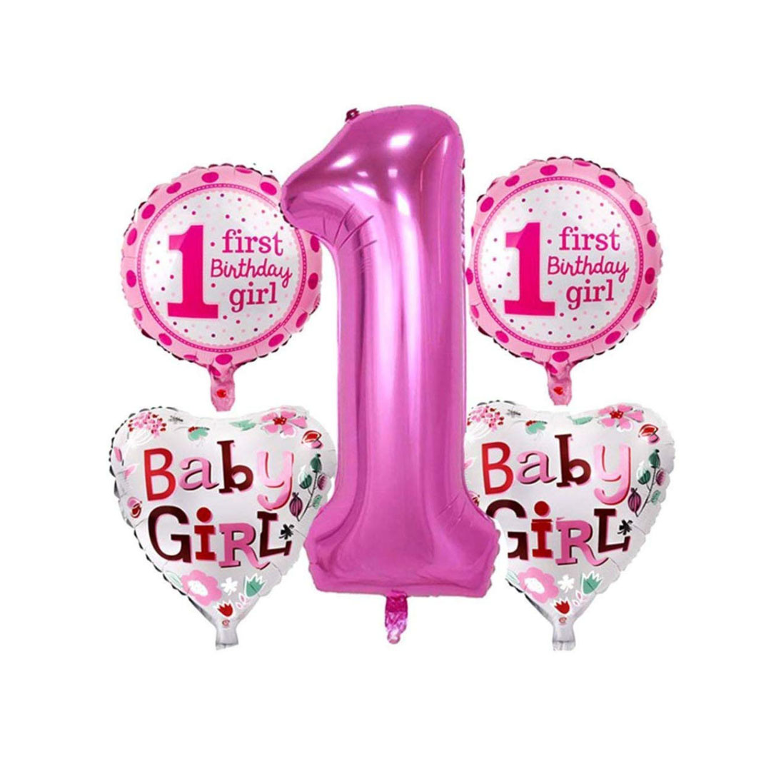 1st Birthday Girl 5 Pcs Foil Balloon Decoration Set Pink Theme for Kids Party