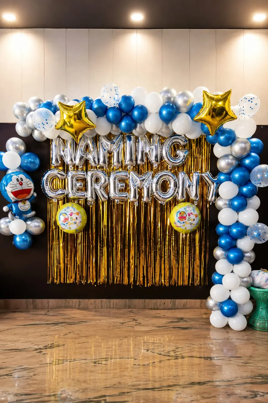 Blue & White Naming Ceremony Balloon Decoration Package with Gold Shimmer Backdrop
