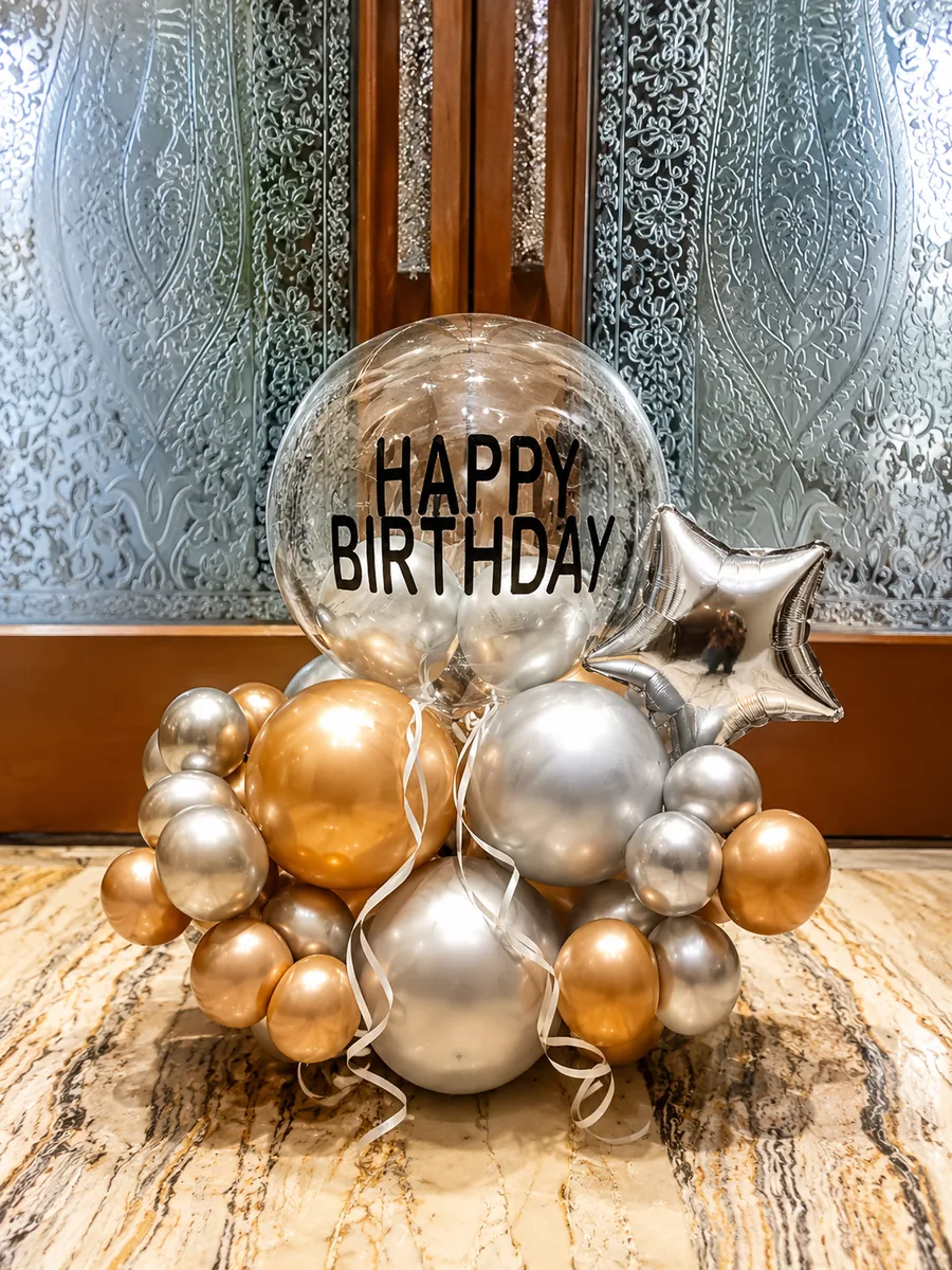Gold & Silver Happy Birthday Balloon Bouquet Decoration